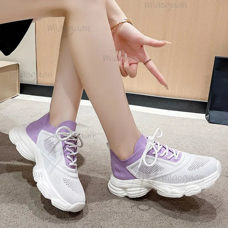 Women's Mixed Color Platform Sneakers – Lace-Up Casual Shoes Platform Sneakers Axl