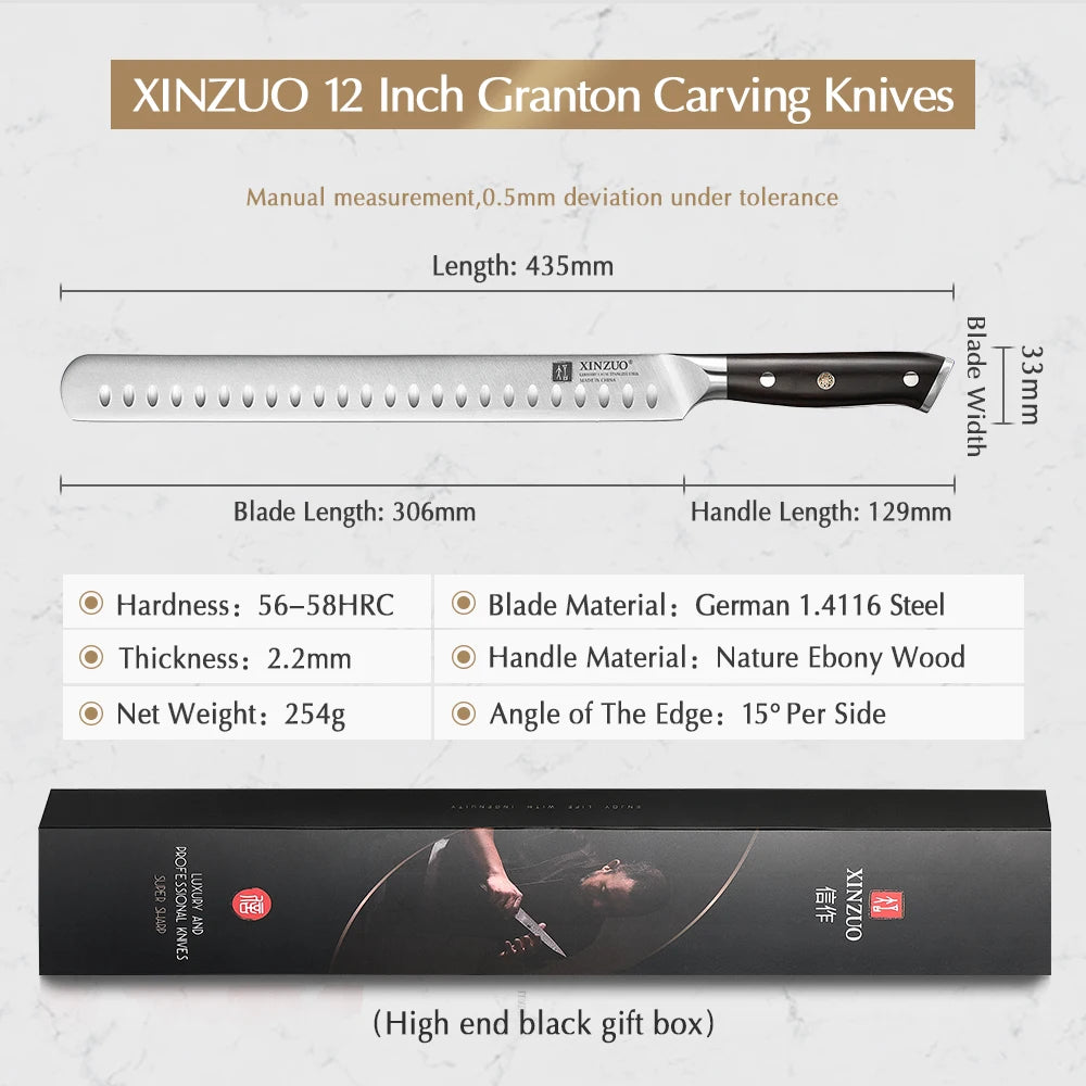 XINZUO 12" Granton Carving Knife – 1.4116 Steel Ebony Handle Granton Carving Knife Axl