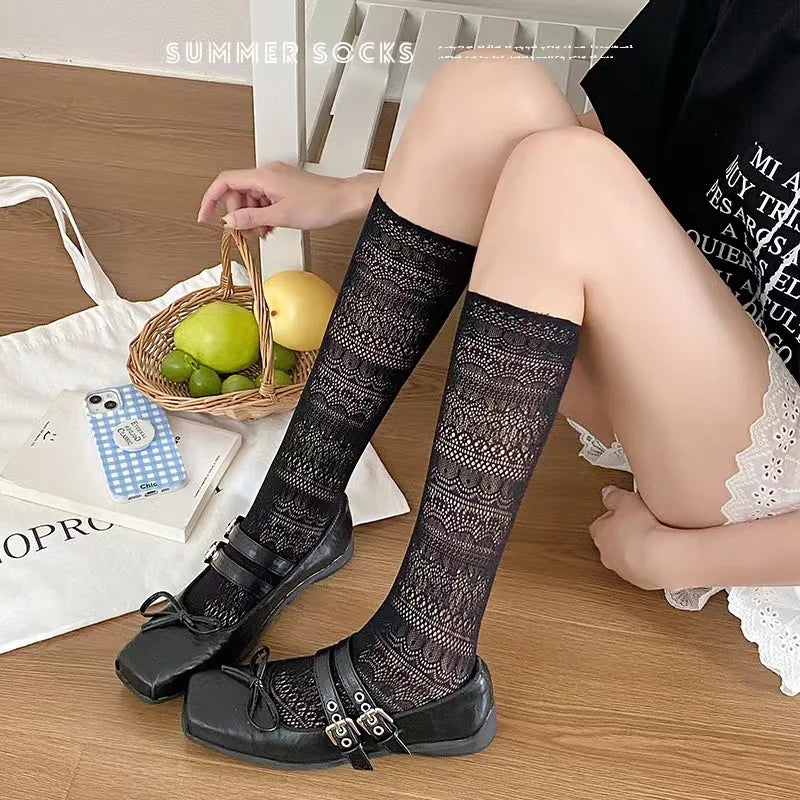 Women's Lace Trim Knee High Socks – Breathable Mesh Knit Knee High Socks Axl