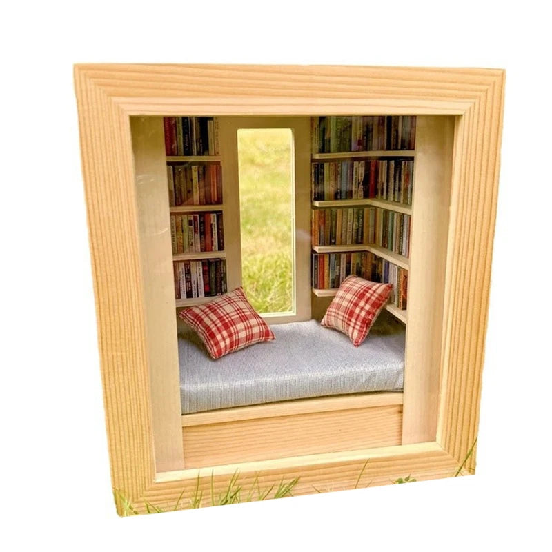DIY Mini Library Book Nook Kit – Wooden Micro Landscape Shelf DIY Model Kit Axl