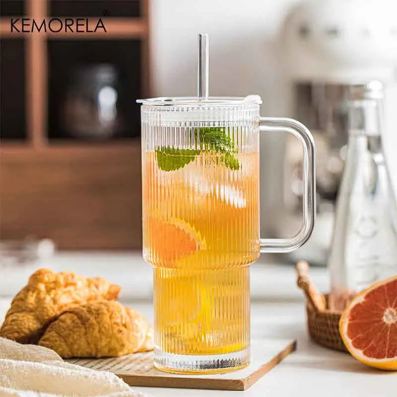760ml Ribbed Glass Tumbler with Lid & Straw | KEMORELA Set Glass Tumbler Set Axl