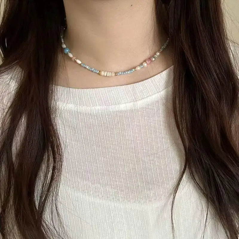 Handmade Beaded Collar Necklace – Natural Stone & Pearl Jewelry Beaded Collar Necklace Axl