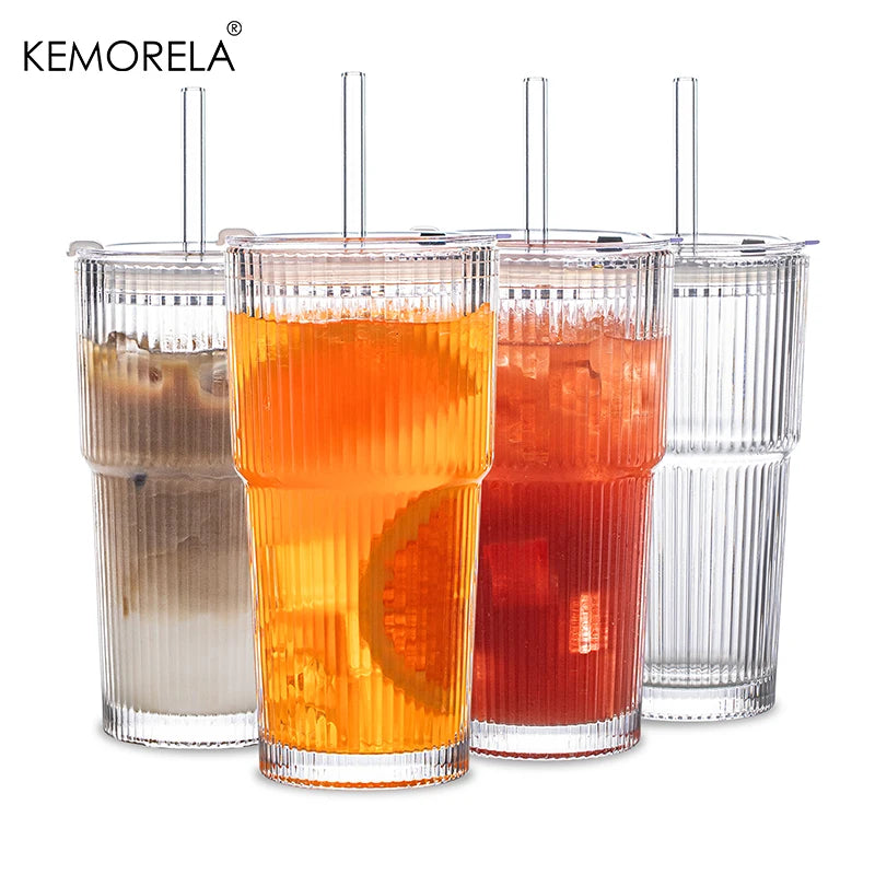 KEMORELA 600ml Striped Glass Cup with Lid & Straw | Iced Drinks Glass Drinking Cup Axl 4PCS 601-700ml