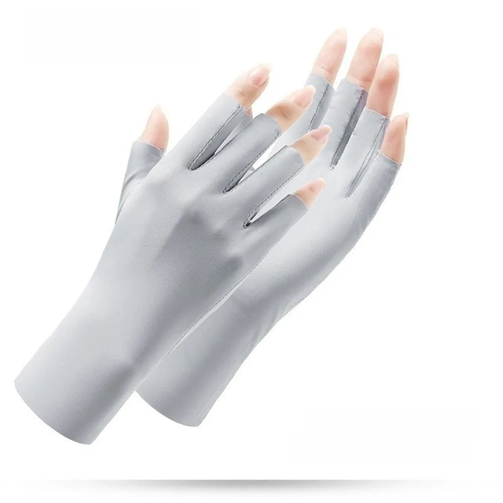 UV Ice Silk Fingerless Driving Gloves for Women | Sun Protection Fingerless Sun Gloves Axl Light Grey