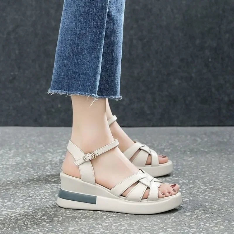 Women's Retro Hollow Button Open-Toe Wedge Sandals Wedge Sandals Axl