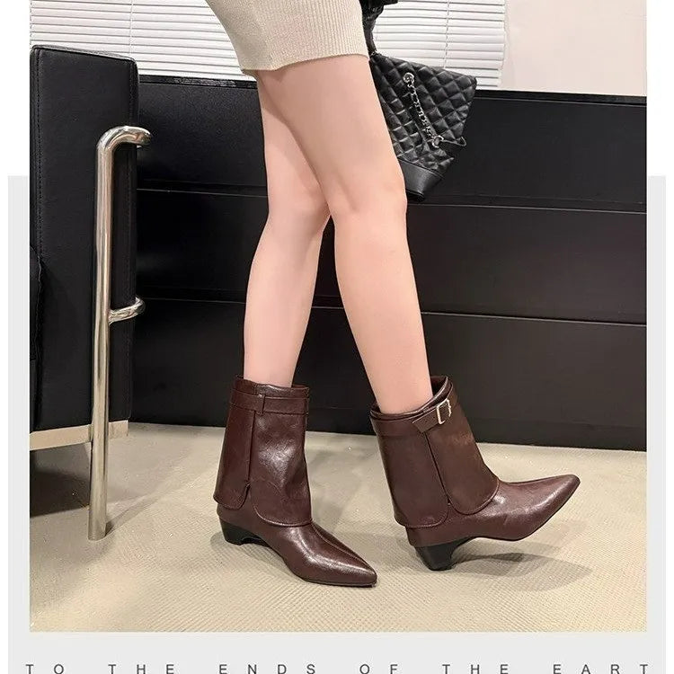 Women's Pointed Toe Block Heel Mid-Calf Boots | Metal Buckle Mid-Calf Boots Axl Brown 42