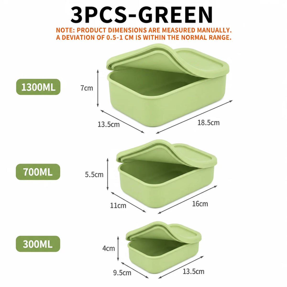 Uwhise 3-Piece Silicone Lunch Box Set | Microwave Safe 300–1300ml Silicone Lunch Box Set Axl 3Pcs-Green