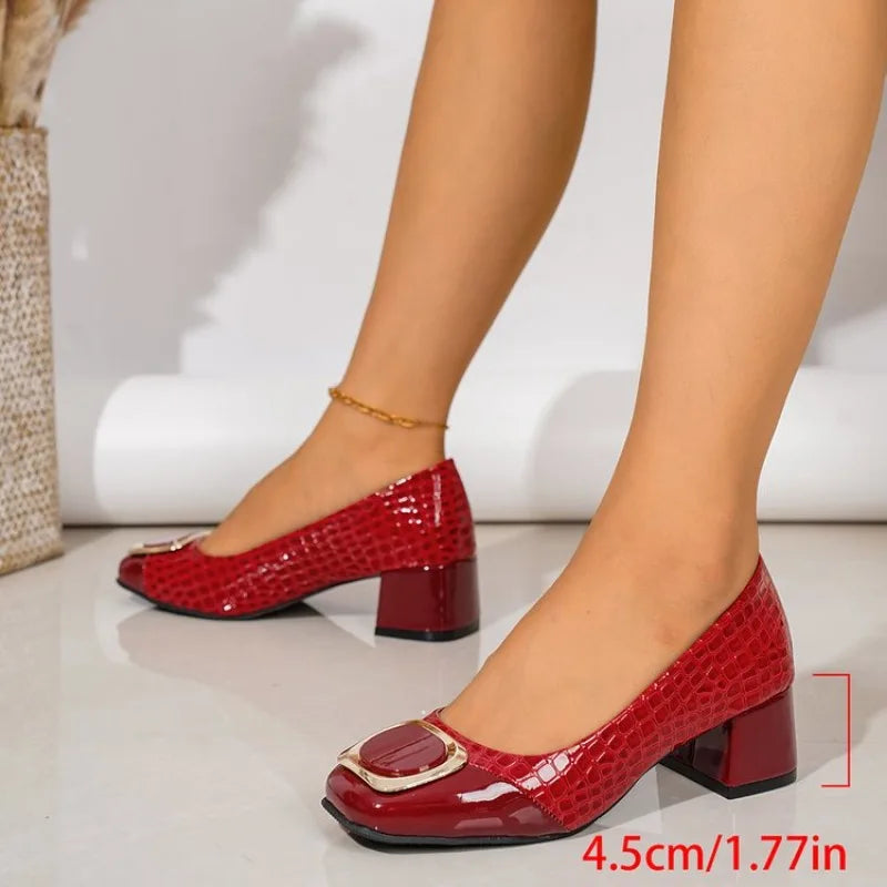 Women's Square Toe Chunky Heel Sandals – Metal Buckle Chunky Heel Sandals Axl 36 Red