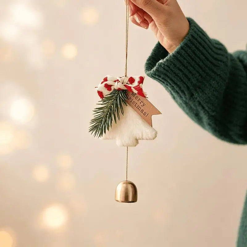 Plush Christmas Tree Ornament with Bow & Brass Bells | Xmas Décor Christmas Ornament Axl A1