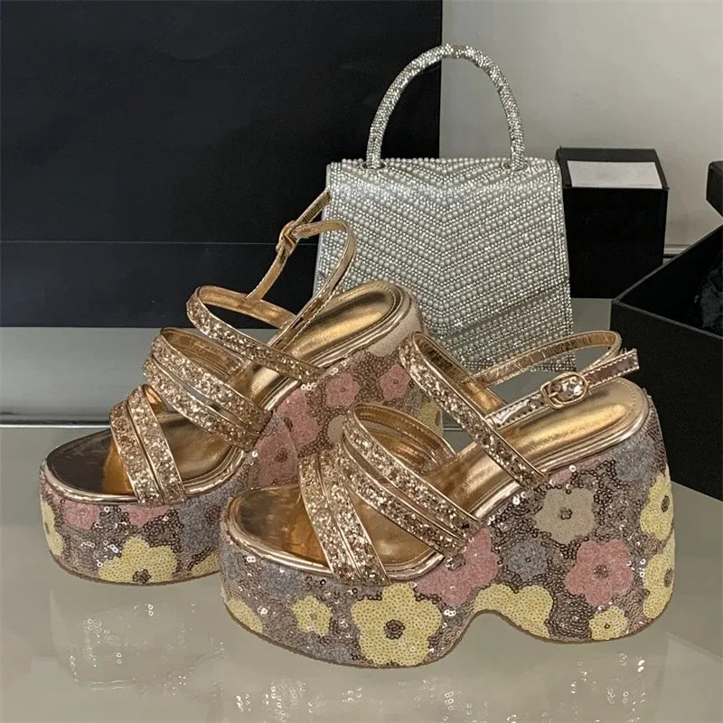 Women's Sequin Platform Wedge Sandals – High Heel Gladiator Platform Wedge Sandals Axl