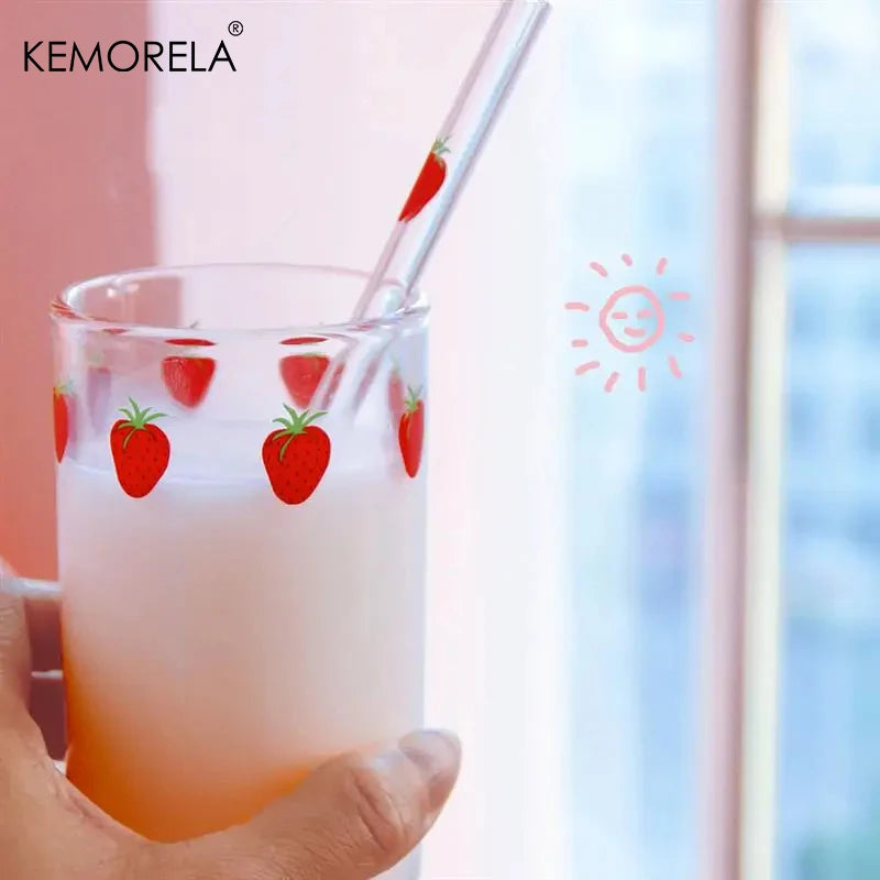 KEMORELA 300ml Cute Glass Cup – Strawberry Orange Design Glass Drinkware Cup Axl