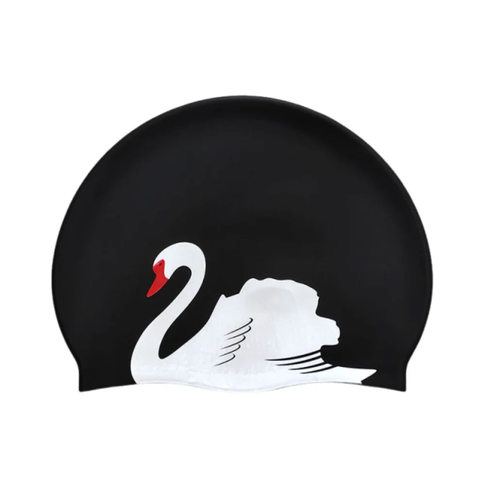 Plus Size Silicone Swim Cap – Printed, Waterproof & Ear Guard Silicone Swim Cap Axl Black white swan