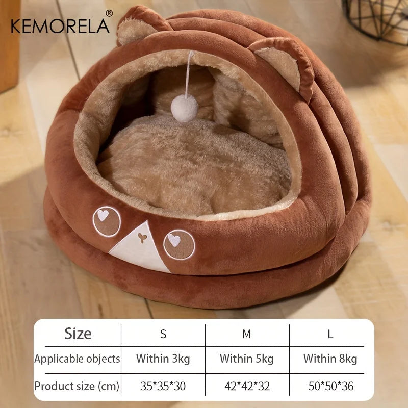 KEMORELA Bear Shape Semi-Enclosed Cat & Dog Bed – Warm Plush Pet Bed Axl