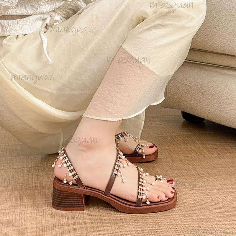 Bohemian Women's High Heel Sandals – Rhinestone Pearl Clip Toe Heeled Sandals Axl