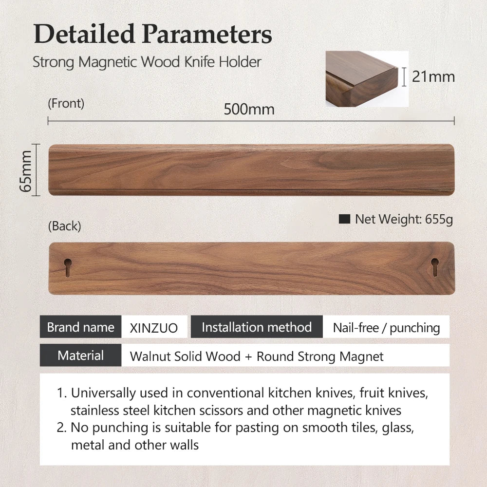 XINZUO 50CM Walnut Magnetic Knife Holder – Wall Mount Rack Magnetic Knife Rack Axl