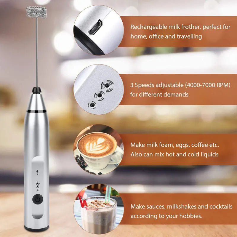 BALASHOV USB Rechargeable Milk Frother – 3-Speed Electric Whisk Milk Frother Axl