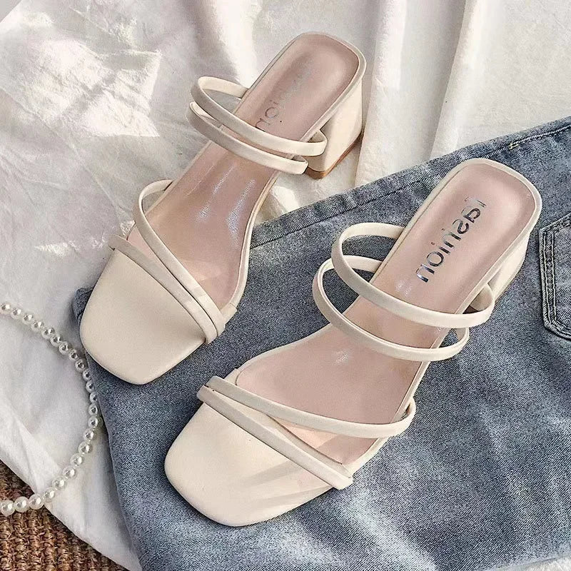 YBQJOO Women's Square Heel Sandals – Elegant Slip-On Summer Women's Heel Sandals Axl Creamy-white 37