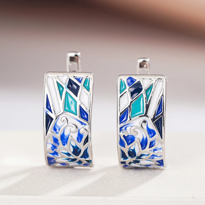 Huitan Blue Flower Hoop Earrings – Dainty Women's Jewelry Fashion Hoop Earrings Axl