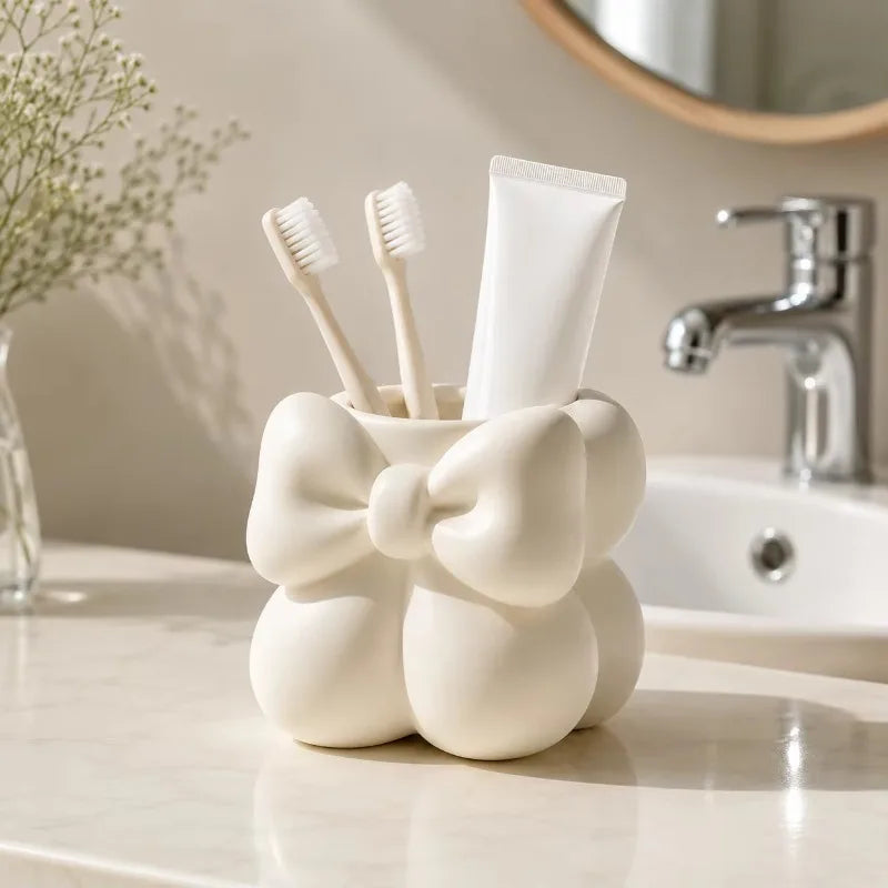 Cute Bow Ceramic Makeup Brush & Pen Organizer Cup – White Desk Organizer Cup Axl