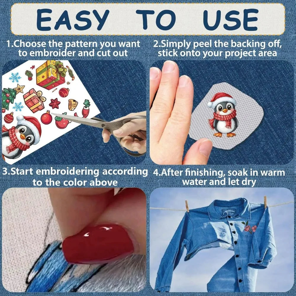 Christmas Water-Soluble Embroidery Stick & Stitch Patterns – 42 Pcs Embroidery Transfer Patterns Axl