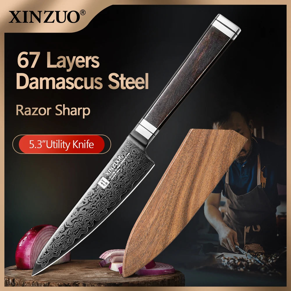 XINZUO 67-Layer Damascus Steel Utility Knife – Ebony & G10 Damascus Utility Knife Axl