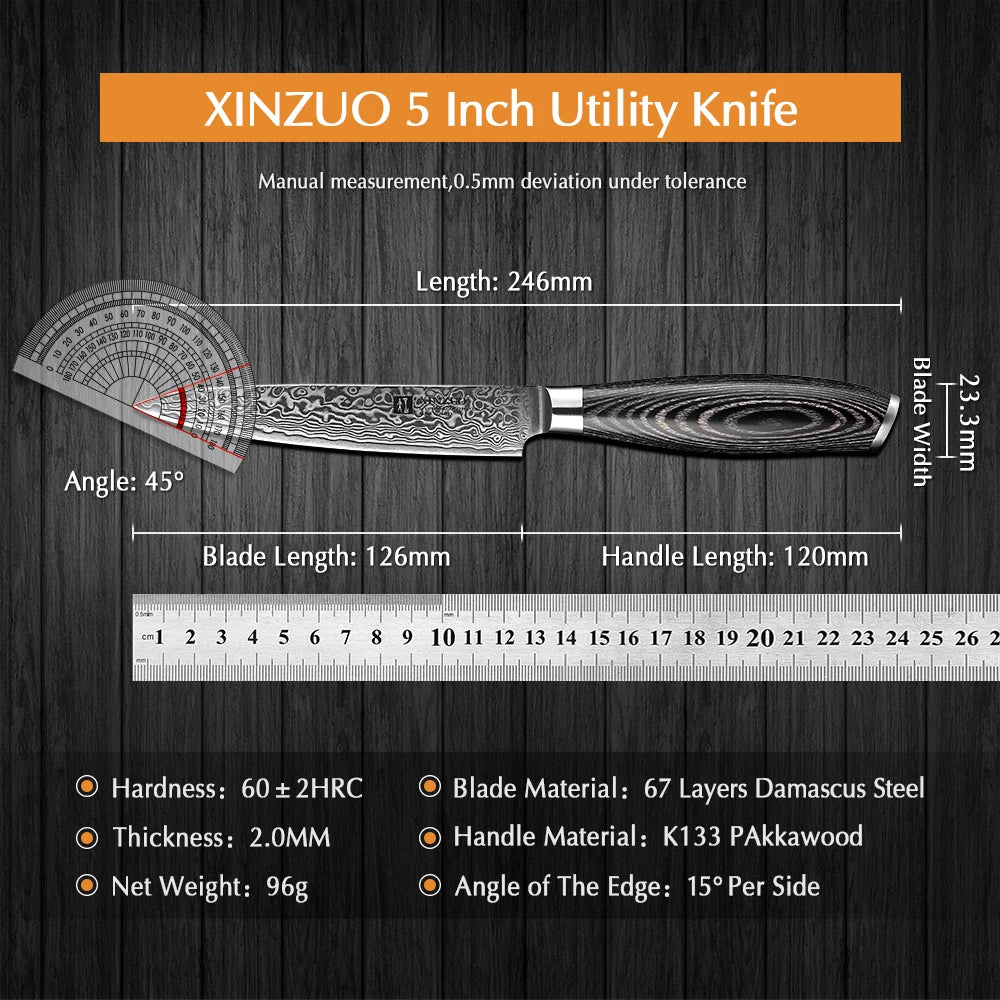 XINZUO 5" Damascus Utility Knife – 67-Layer Pakkawood Handle Damascus Utility Knife Axl