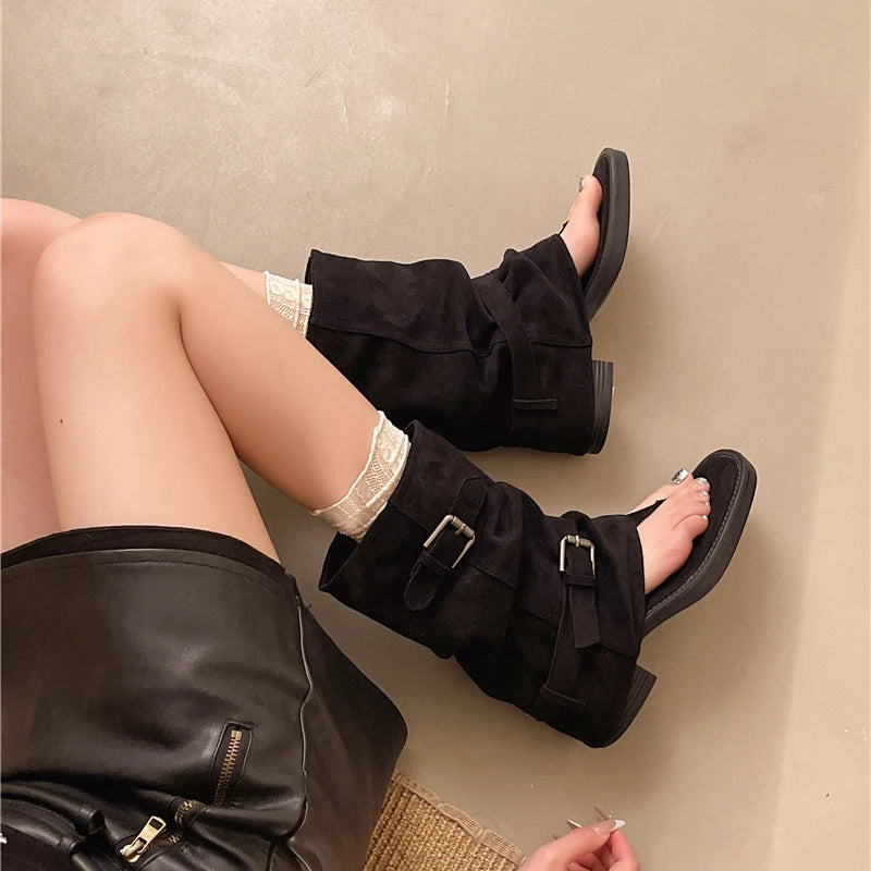 Women's Gladiator Sandal Boots – Faux Suede Buckle Ankle Strap Gladiator Sandal Boots Axl
