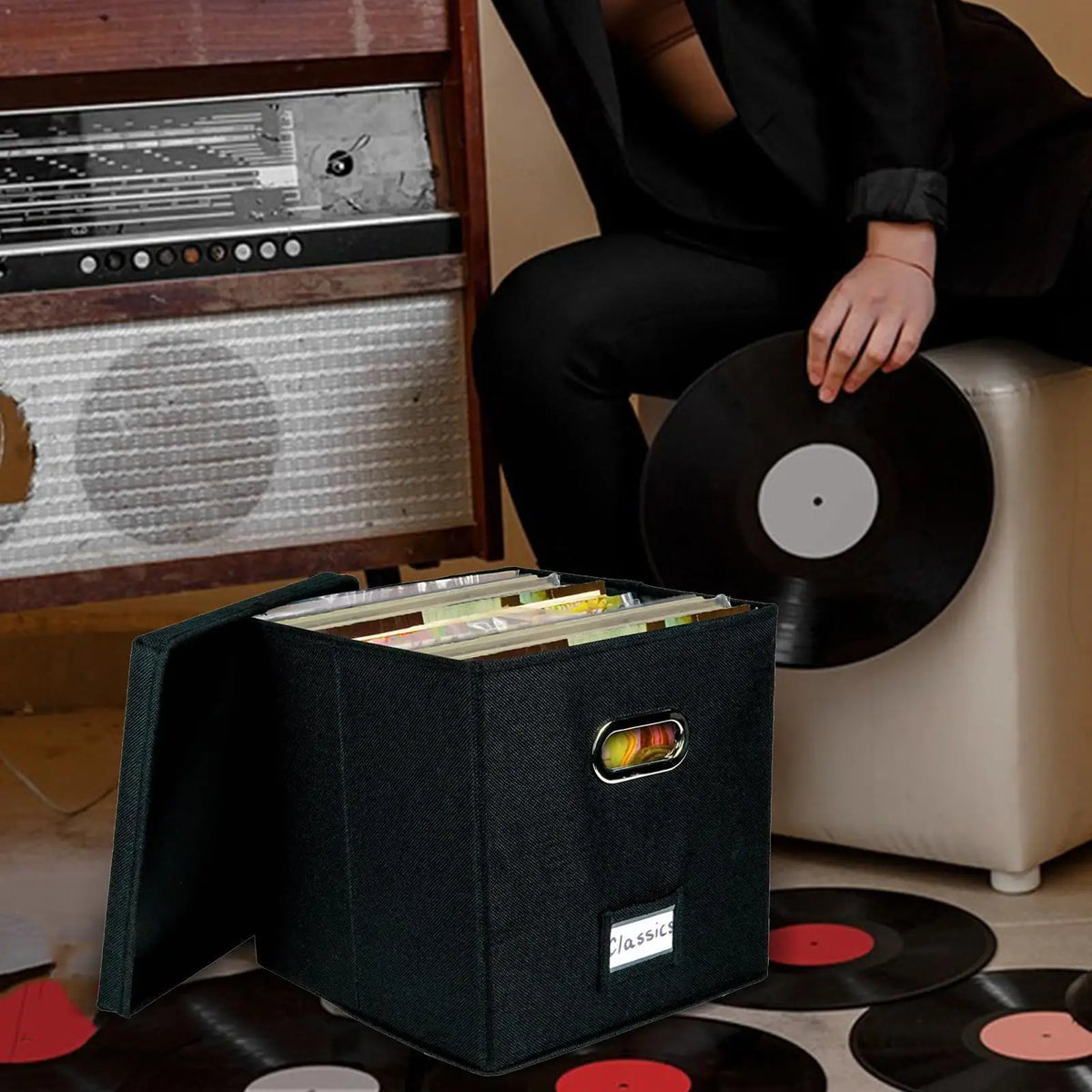 Foldable Vinyl Record Storage Box – Holds 50 LP Albums Vinyl Record Organizer Axl