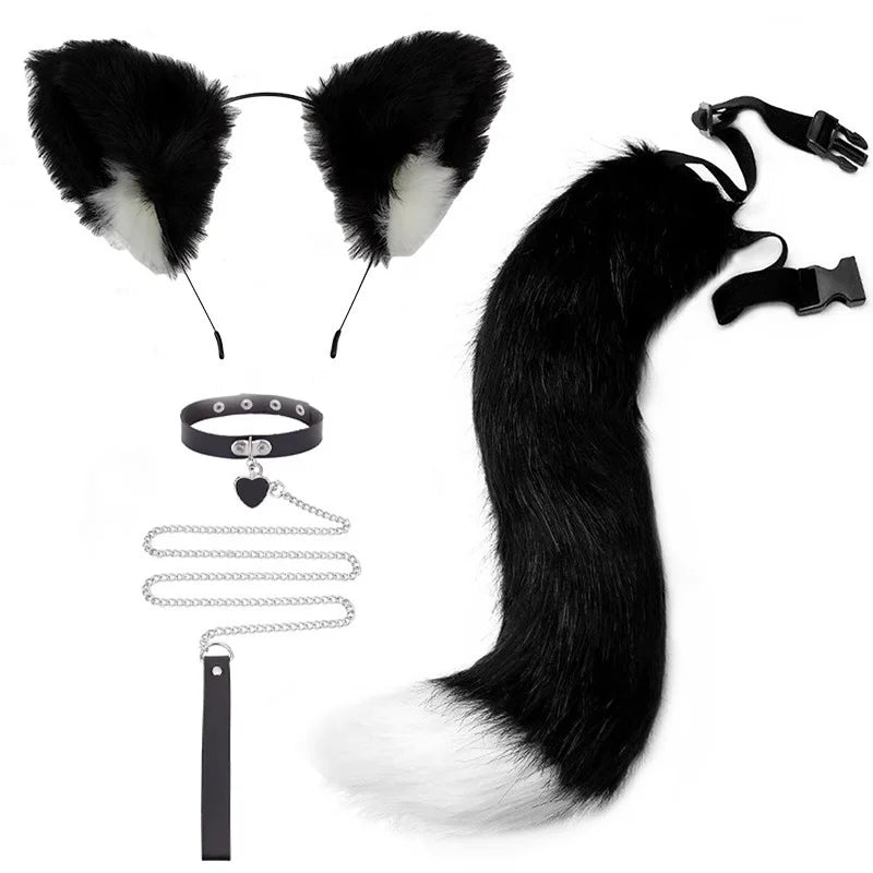 Cat & Fox Plush Tail – Anime Cosplay Halloween Costume Prop Cosplay Tail Prop Axl black-white-C