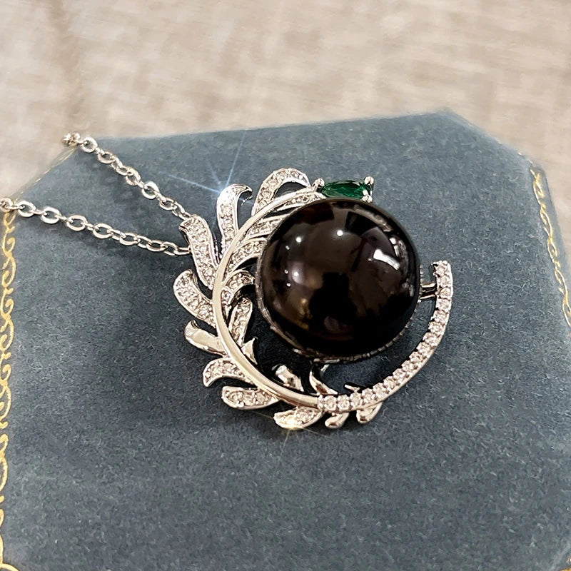 Huitan Branch Pendant Necklace – Black Pearl & Green CZ Women Pendant Necklace Axl