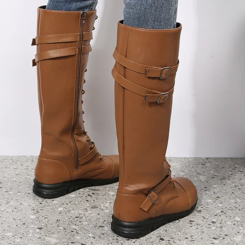 Women's Knee-High Gothic Combat Boots – Lace-Up PU Leather Knee-High Boots Axl