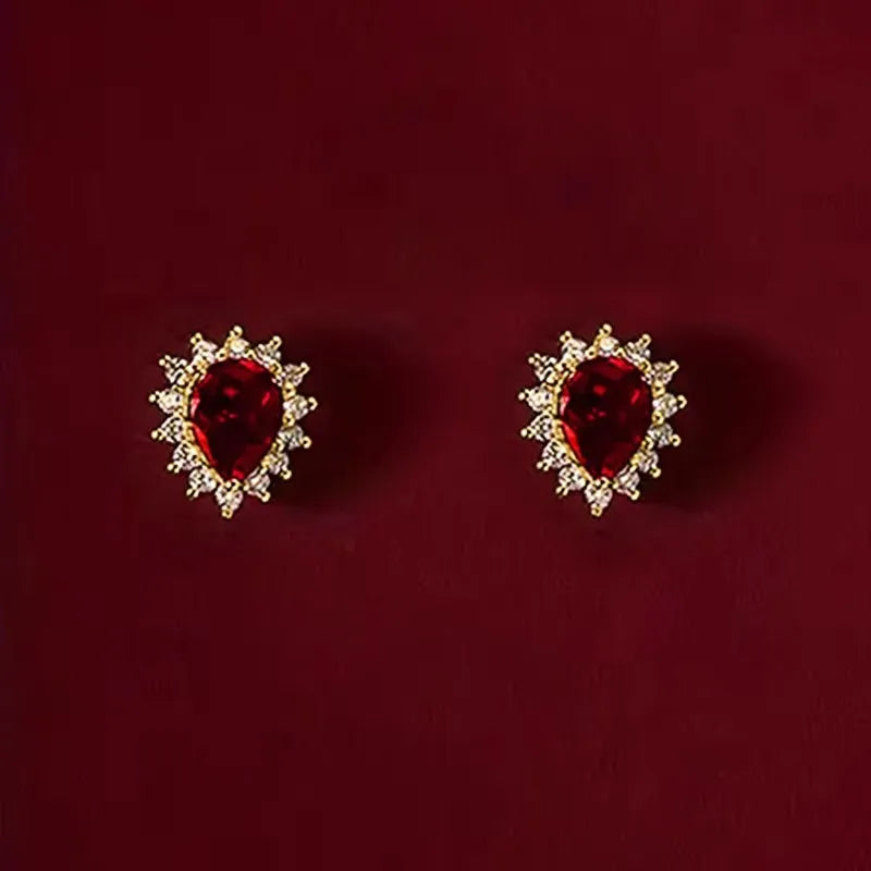 Huitan Red Cubic Zirconia Water Drop Stud Earrings Women Stud Earrings Axl E3873