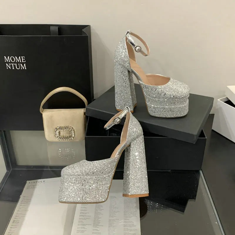 Women's Silver Platform High Heel Sandals | Luxury Party Pumps High Heel Sandals Axl