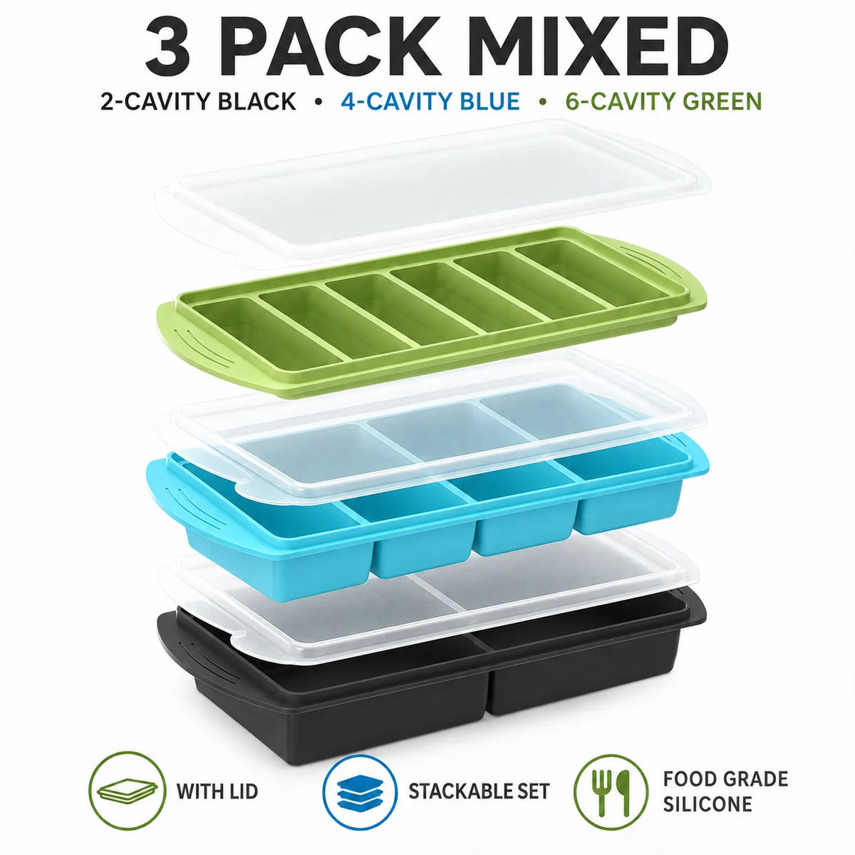 3-Pack Silicone Freezer Trays with Lids – 1 Cup Soup Molds Silicone Freezer Trays Axl 3 Pack Mxied