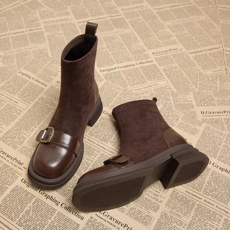 Women's Square Toe Knit Sock Ankle Boots – Medium Heel Women's Ankle Boots Axl