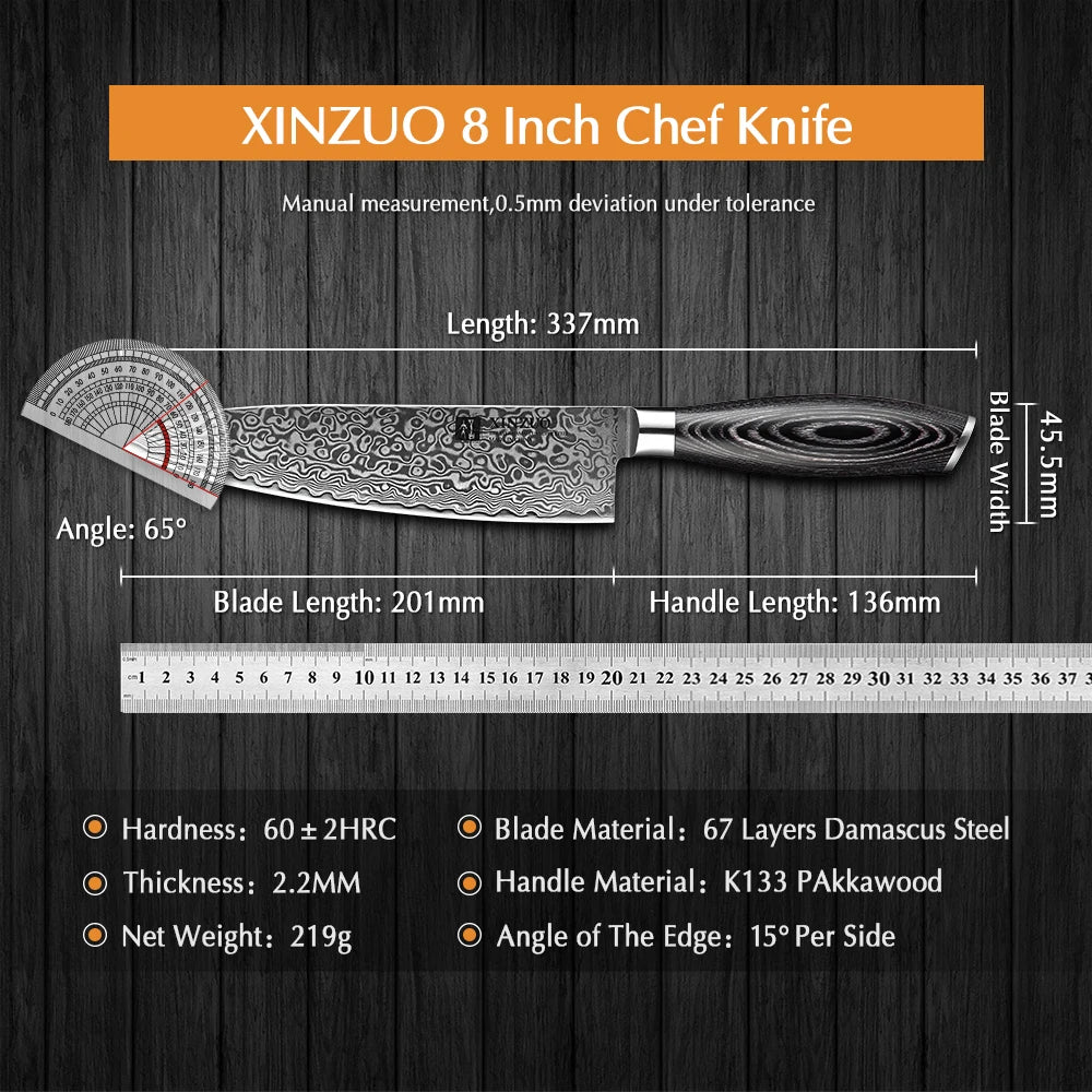 XINZUO 8" Damascus VG10 Chef Knife – 67-Layer Pakkawood Handle Damascus Chef Knife Axl
