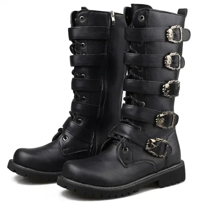 Men's Gothic Combat Boots – PU Leather Mid-Calf Zip Boots Men's Combat Boots Axl A-Black 46