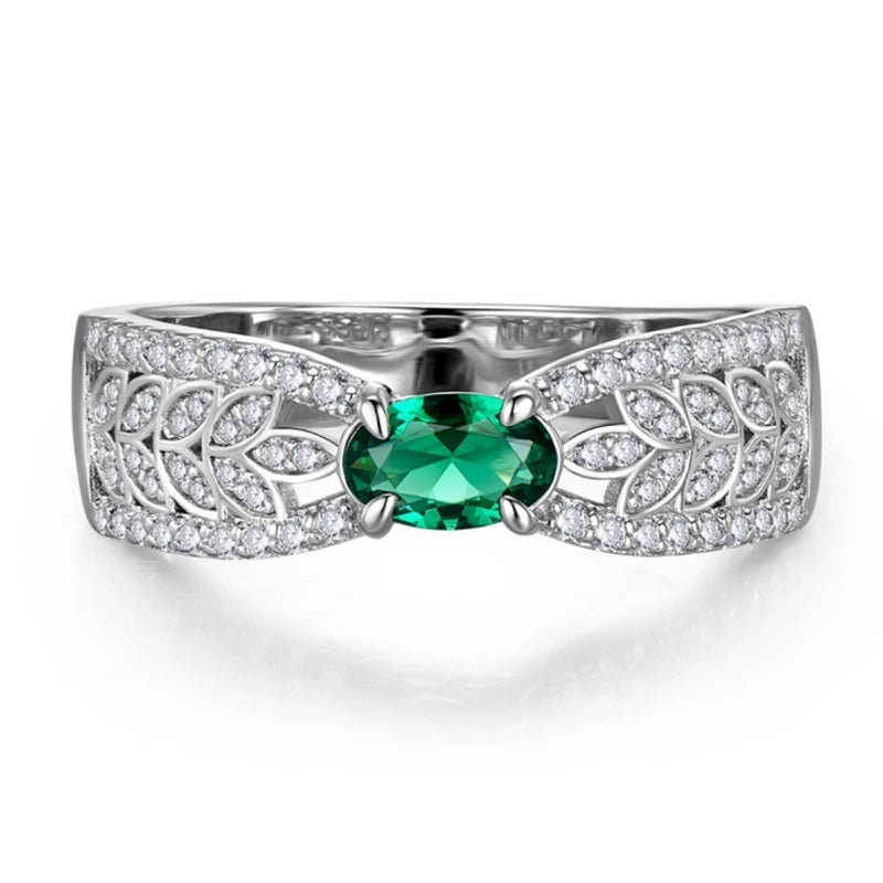 Huitan Leaf Band Oval Green Cubic Zirconia Ring for Women Fashion Ring Axl
