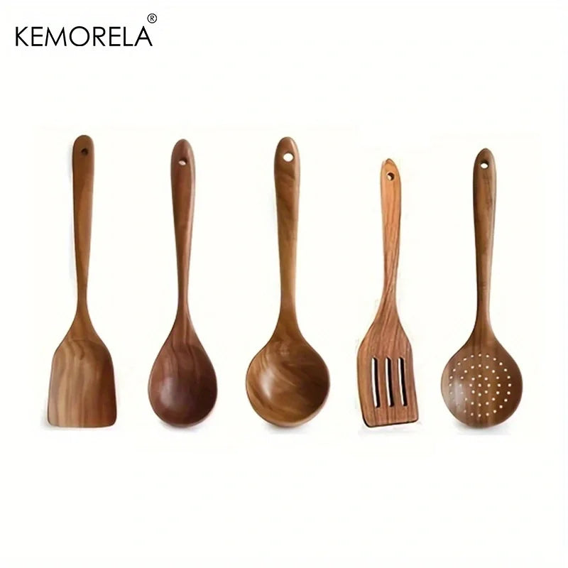 5-Piece Teak Wood Kitchen Utensil Set – Ladle, Turner & Scoop Wood Kitchen Utensil Set Axl