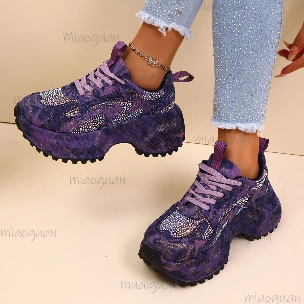 Women's Rhinestone Chunky Platform Sneakers | Denim Canvas Platform Sneakers Axl