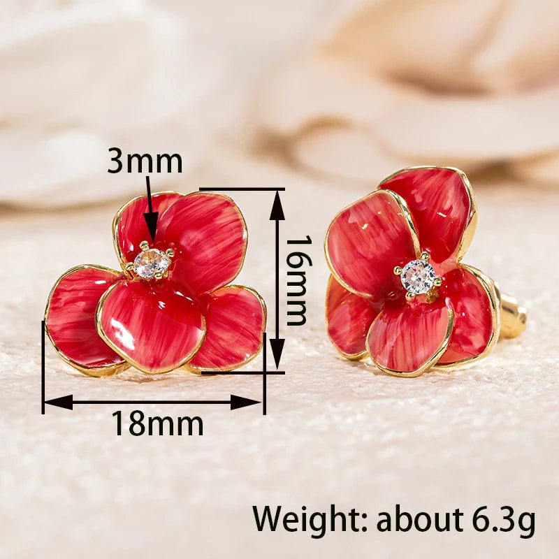Huitan Red Enamel Flower Stud Earrings – Floral Women's Jewelry Floral Stud Earrings Axl