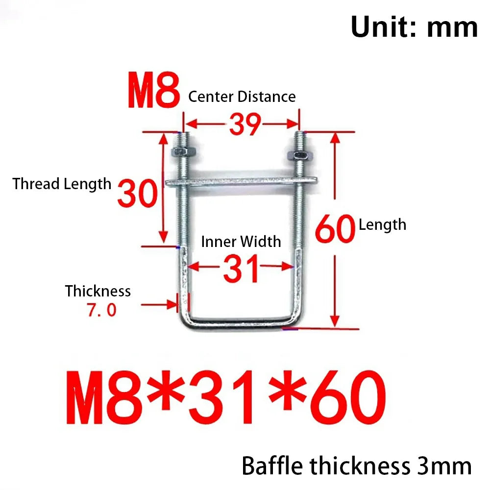 M8 Square Tube U-Clamp | Galvanized Q235 Carbon Steel + Baffle Tube Clamp Axl M8x31x60mm