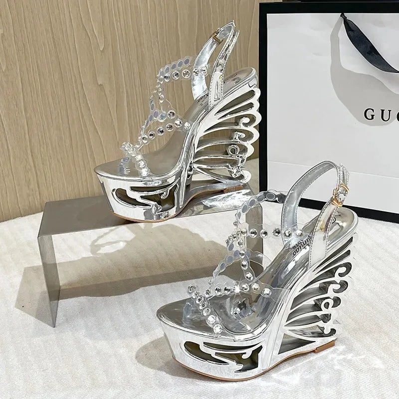 Women's 15cm Platform Wedge Sandals – Buckle Strap Peep Toe Platform Wedge Sandals Axl