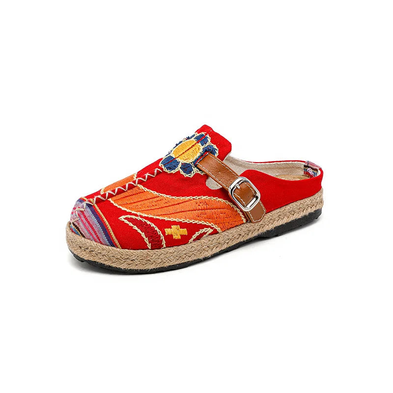 Women's Embroidered Linen Mule Slippers – Flat Ethnic Sandals Mule Slippers Axl Red 35