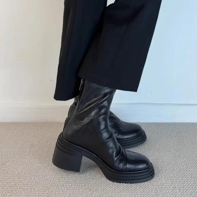Women's Retro Ankle Boots – Thick Wedge Heel Zip-Up Booties Ankle Boots Axl