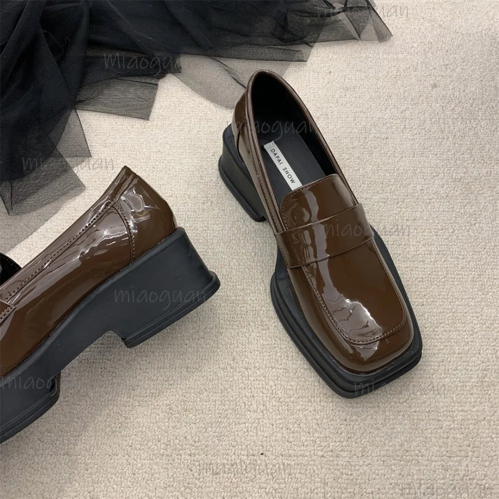 Women's British Retro Square Toe Slip-On Loafer Pumps Women's Loafer Pumps Axl