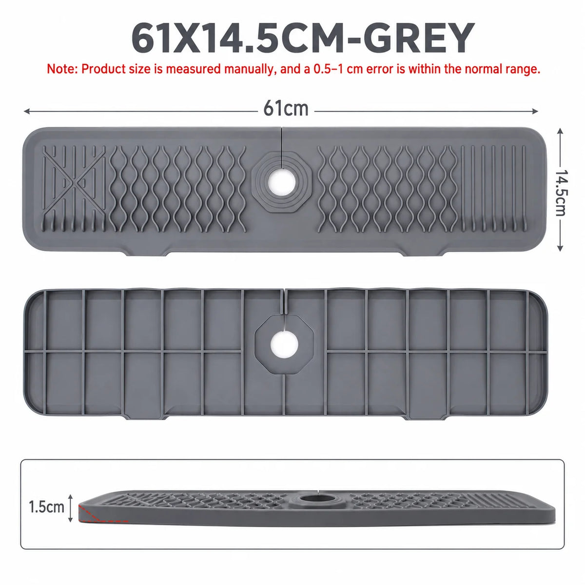 Uwhise Silicone Faucet Mat – Sloped Sink Splash Guard & Drip Tray Silicone Sink Mat Axl 61x14.5CM-Grey Strip