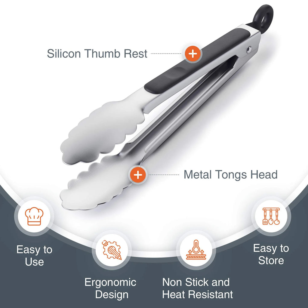 BBQ Tongs Set 9 & 12 Inch – Stainless Steel Silicone Food Clips BBQ Cooking Tongs Axl