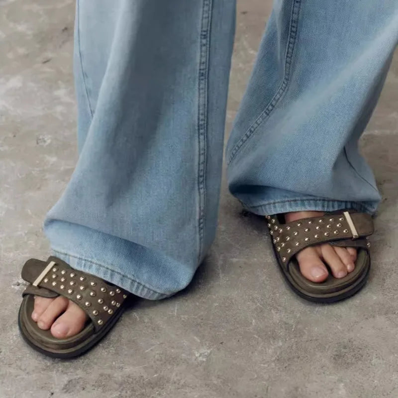 Women's Metal Rivet Flat Sandals – Slip-On Beach Slides Flat Sandals Axl