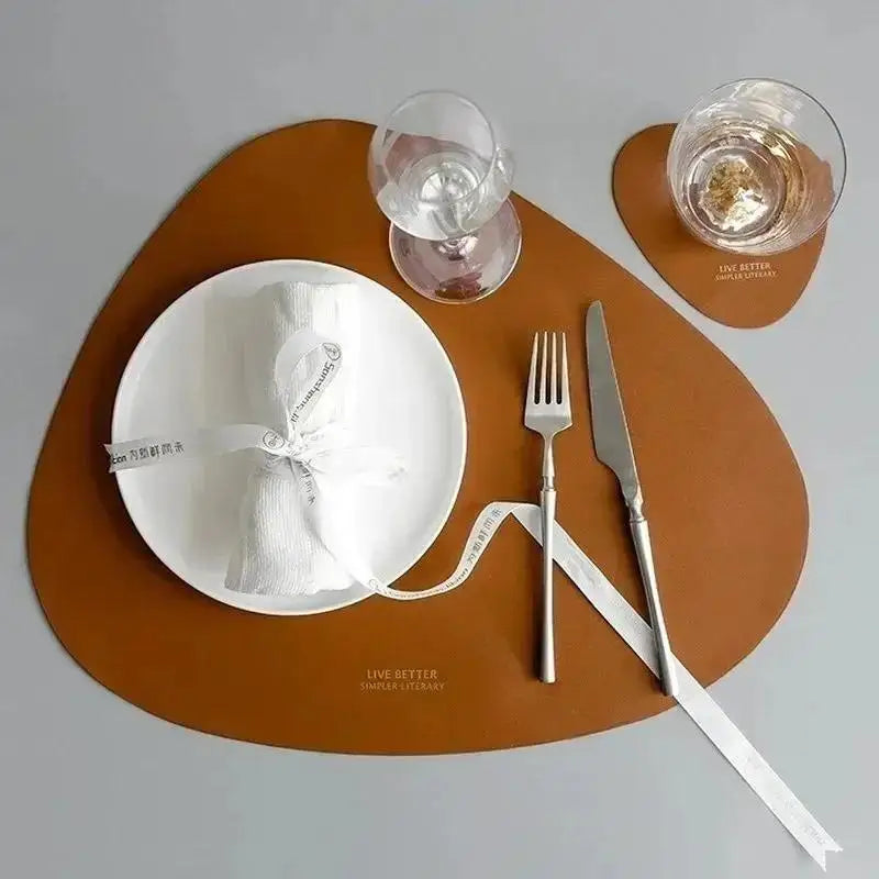 PU Leather Placemat & Coaster Set – Non-Slip Heat Insulation Placemat & Coaster Set Axl L Brown